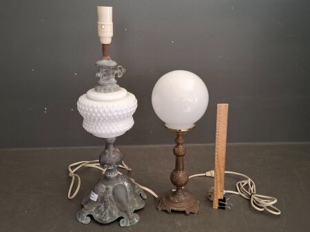 2 x Vintage Lamps - 1 Victorian Lamp with Hobnail Milk Glass Font with Brass Decorative Top and Base - 1 Brass Bass with White Dome Shade