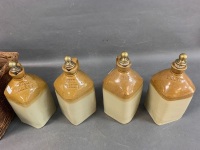 Rare Set of 4 Antique Stoneware Spirit Decanters in Woven Carry Case - 2