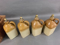 Rare Set of 4 Antique Stoneware Spirit Decanters in Woven Carry Case - 3