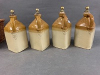 Rare Set of 4 Antique Stoneware Spirit Decanters in Woven Carry Case - 4