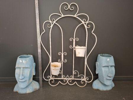 2 Easter Island Planter Pots and a Rustic Wall Planter