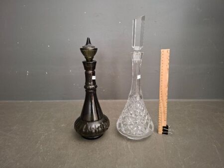 Tall Diamond Cut Crystal Decanter and Vintage Genie Black Bottle Decanter 