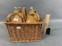 Rare Set of 4 Antique Stoneware Spirit Decanters in Woven Carry Case - 5