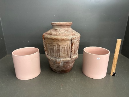 2 x Matte Pink Ceramic Pots and 1 Large Brown Pot