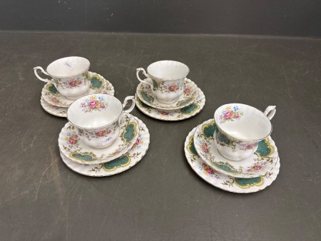 Royal Albert Berkeley 4x Triplet Tea Cup and Saucer Set - Bone China - Made in England