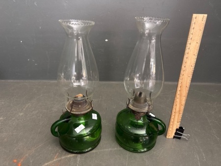 2x Antique Green Depression Glass Kerosene Oil Finger Lamp - Includes Original Glass Chimneys - Approx 300H