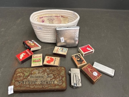 Lot of Assorted Vintage Items - Includes Tobacco Tins - Lighters - Matches - Writing Items