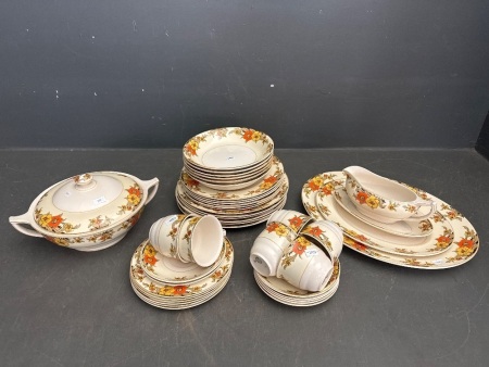 Vintage 43 Piece Kingston John Maddocks Orange Floral Dinner Setting - Includes Platters - Tureen - Gravy Boat and Under dish - C 1945