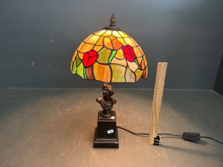 Quality Heavy Multi Floral Lead Light Table Lamp with Female Bust on Bronze Toned Metal Bases 