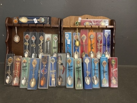 Lot of Assorted Souvenir Spoon Collectables - Includes 2x Wooden Spoon Racks