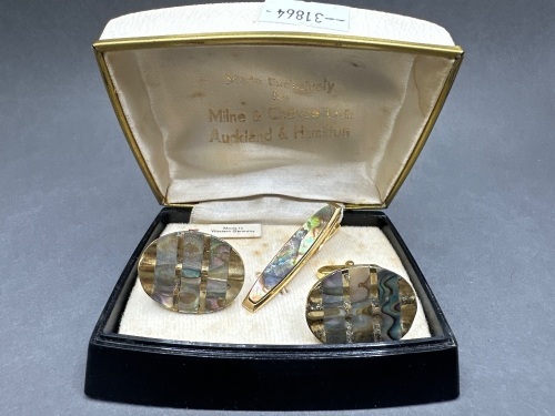 Pauashell and Gold Toned Cuff Links and Tie Pin - W.Germany