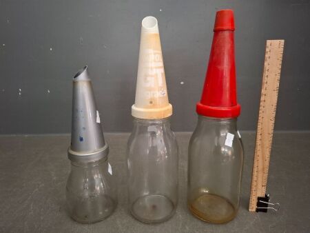 3 x Vintage Oil Bottles and Pourers - Marked BT NSW