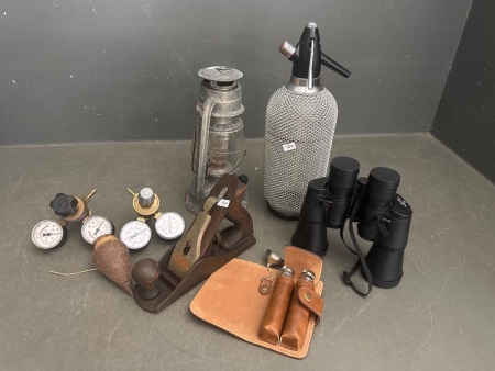 Box of Assorted Items - Includes Stanley Plans - Binoculars - Battery Lamp and More