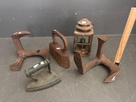 Mixed Vintage Collection inc 2 x Cast Iron Shoe Last - 2 x Sad Irons and Oil Carry Lamp