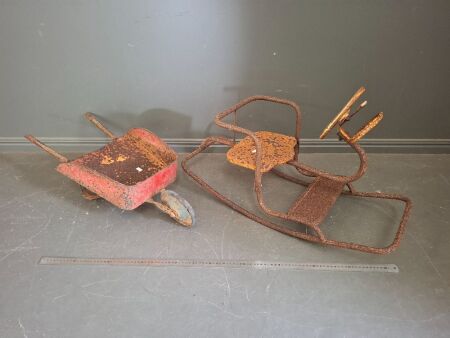 2 x Vintage Metal Kids Toys - 1 Rocker - 1 Wheelbarrow