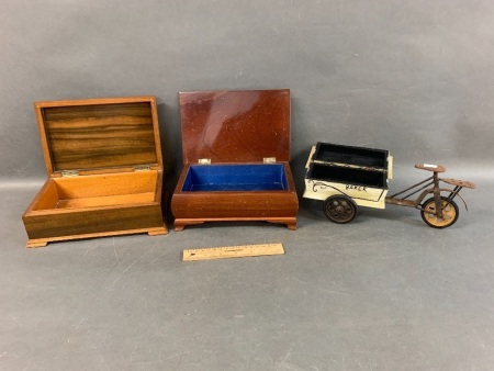 2 Vintage Timber Jewellery Boxes + Tricycle Box