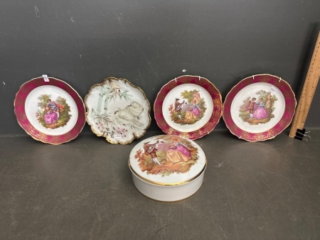 Lot of Limoges Porcelain Items - Includes 4x Plates and 1x Lidded Bowl