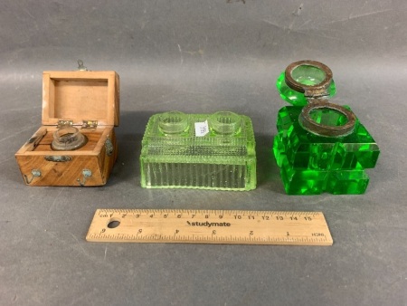 2 Vintage Uranium Glass Inkwells + Small Timber Inkwell