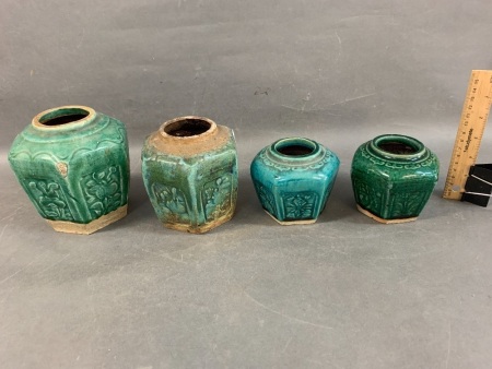 4 Vintage Green Glazed Asian Stoneware Jars / Pots