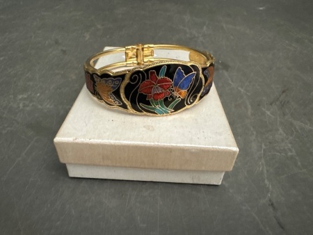 Vintage Blue Cloisonné Butterfly Gold Toned Bracelet