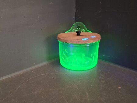 Uranium Glass Salt Jar with Wooden Top 