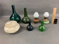 4 Asstd Coloured Glass Ships Bottles + 2 Mini Kero Lamps