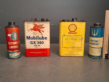 Lot of Oil and Lubricant Tins - Includes Shell Oil Tin - Mobilube Oil Tin and 2x Neptune Automotive Lubricant Tins