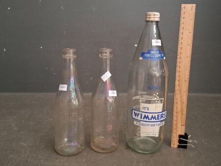 3x Vintage Cooroy Glass FW Wimmers Bottles - 2x Marked Nambour - 1x 900ml Glass Bottle