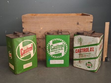 3 x Castrol Motor Oil Tins in a COR Motor Spirit Crate