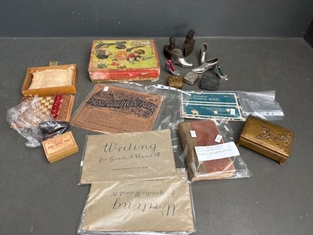 Lot of Mixed Antiques - Includes Cigarette Holders - Antique Shoe Shaped Pin Holders - Books - Old Childrens Games