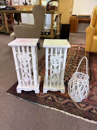 Pair White Wooden Plant Stands with Shelves & Hanging Candle Holder - app 270 x 620