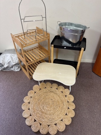 Modern Kitchen Shelves with Lap Table & Mid Century Rattan Mat with Ice Bucket and Metal Rack