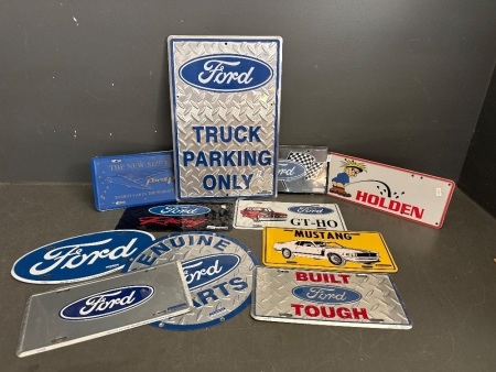 Large Lot of Reproduction Metal Car Signs - Includes Ford and Holden Car Signs