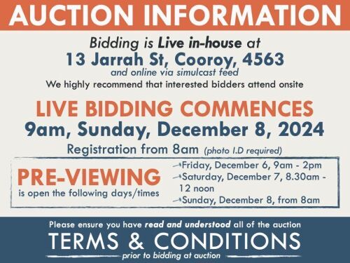 AUCTION INFORMATION: Bidding is live at 13 Jarrah St, Cooroy, 4563 & online via web feed (simulcast) - It is recommended that interested bidders attend the auction onsite | BIDDING COMMENCES: 9am, Sunday, December 8, 2024, Registration from 8am (photo I.D