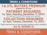 TERMS AND CONDITIONS: 16.5% BUYERS PREMIUM APPLIES TO ALL AUCTION LOTS UNLESS ADVISED (An additional 1.65% fee applies to online bidders) | PAYMENT REQUIRED by 3pm, Monday, December 9, 2024 - We accept cash, EFT, card (1.95% fee applies to card payments)