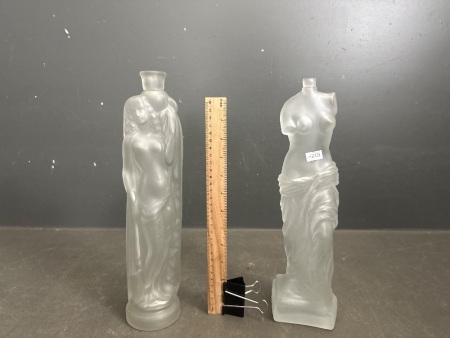 Pair of Vintage Frosted Glass Liqueur Bottles - Venus and Grecian Figure 