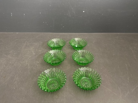 6x Green Depression Glass Desert Dishes