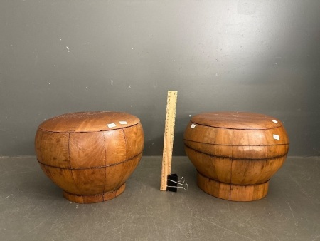 2 x Vintage Wooden Chinese Rice Bowls