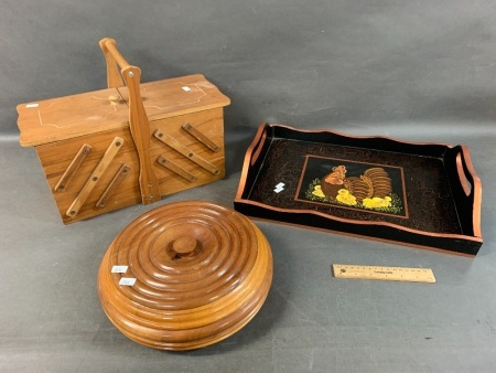 Vintage Timber Expanding Sewing Box, Turned Lidded Pot & Hen Tray