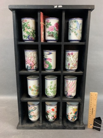 Wall Shelf with 12 Japanese Floral Ceramic Pots - 1 As Is