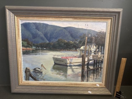 Large Oil on Board Fishing Boat Art Work - Artist Unknown