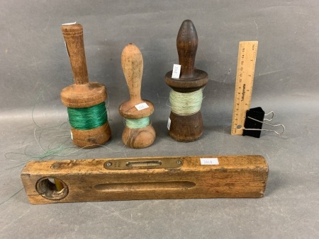 3 Vintage Hand Fishing Spools + Vintage German Timber & Brass Level