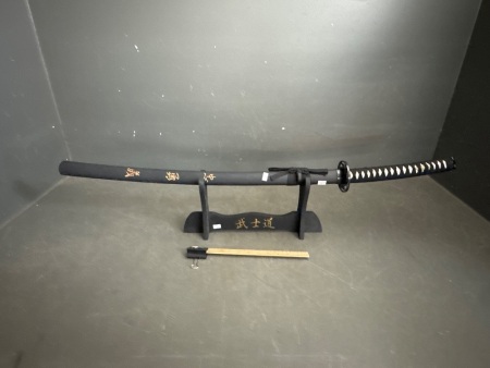 Samurai Sword with Japanese Symbol Carvings on Case with Stand 