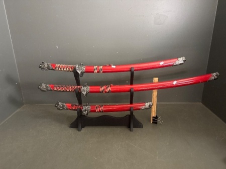 3x Different Sized Red Dragon Samurai Swords with Stand