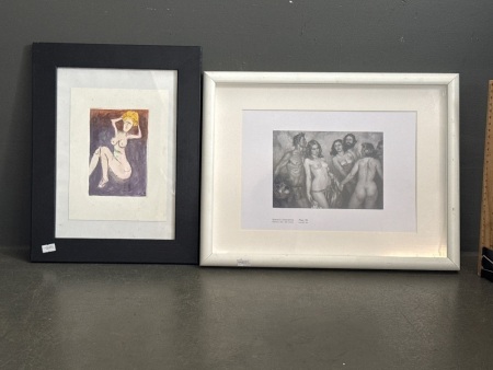 2x Nude People Art Works - Including Original Pro Hart Nude Fixing Hair Etching - Inc Certificate of Authenticity