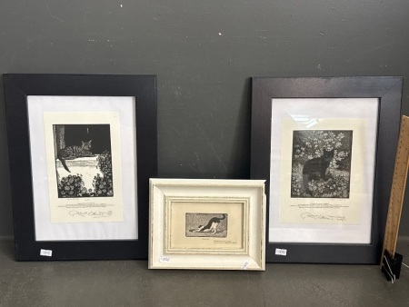 3x Black and White Cat Artworks - Inc 2x Robert LittleWood Prints Marked 120 of 275 and 164 of 275 - Both Signed by Robert LittleWood