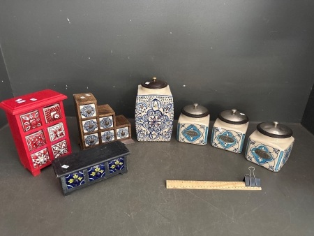 Lot of Colourful Ceramic and Wooden Canisters and Draw Set Chests