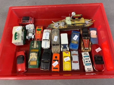 Collection of 18 Diecast Toy Cars + Tinplate Gunship