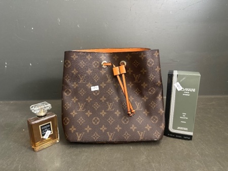 Lot of Designer Items - Includes Faux Louis Vuitton Bag - Coco Chanel Parfum - Lomani Perfume