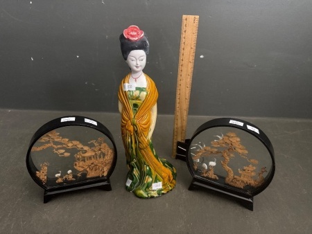 Glazed Ceramic Asian Lady Statue - Includes 2x Cork Asian Style Dioramas